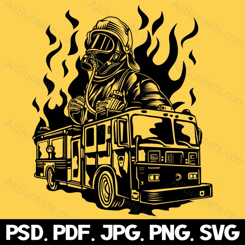 Fireman Firetruck Flames Silhouette svg png psd jpg pdf File Types Fire Truck Vector Graphic Clipart Print On Demand Commercial Use