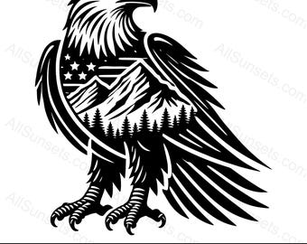 Eagle Patriotic Mountains Forest Silhouette SVG png pdf psd jpg Vector File Formats for Home or Print on Demand and Commercial Use