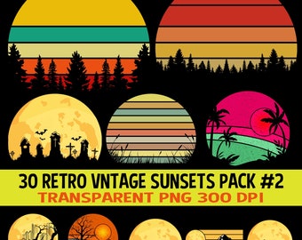 Retro Vintage Sunsets Clipart 30 Pack #2 PNG Sunrise Moon Beach Palm Trees Evergreens Mountains Elements Templates Commercial Use Graphic