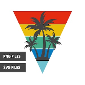 Puede incluir: Un diseño de estilo retro con tres palmeras en silueta sobre un fondo rayado de colores en forma de triángulo. Los colores son rojo, amarillo, verde, azul y azul claro.