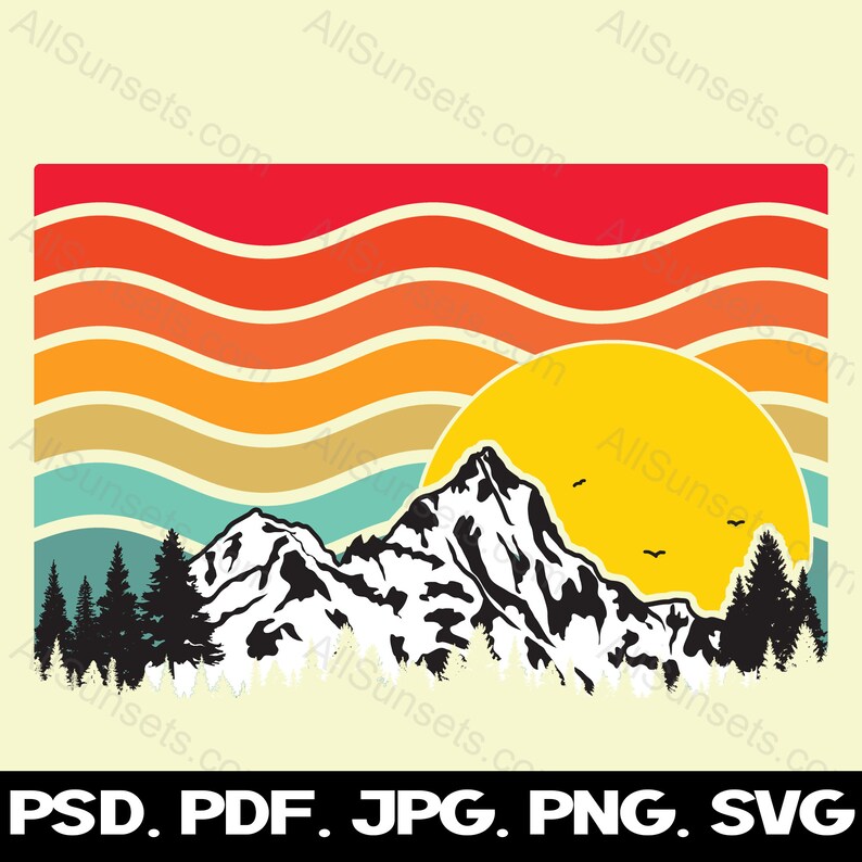 Wavy Stripes Retro Sunset Mountains Trees svg png jpg pdf psd File Types Clipart Vintage Commercial Use