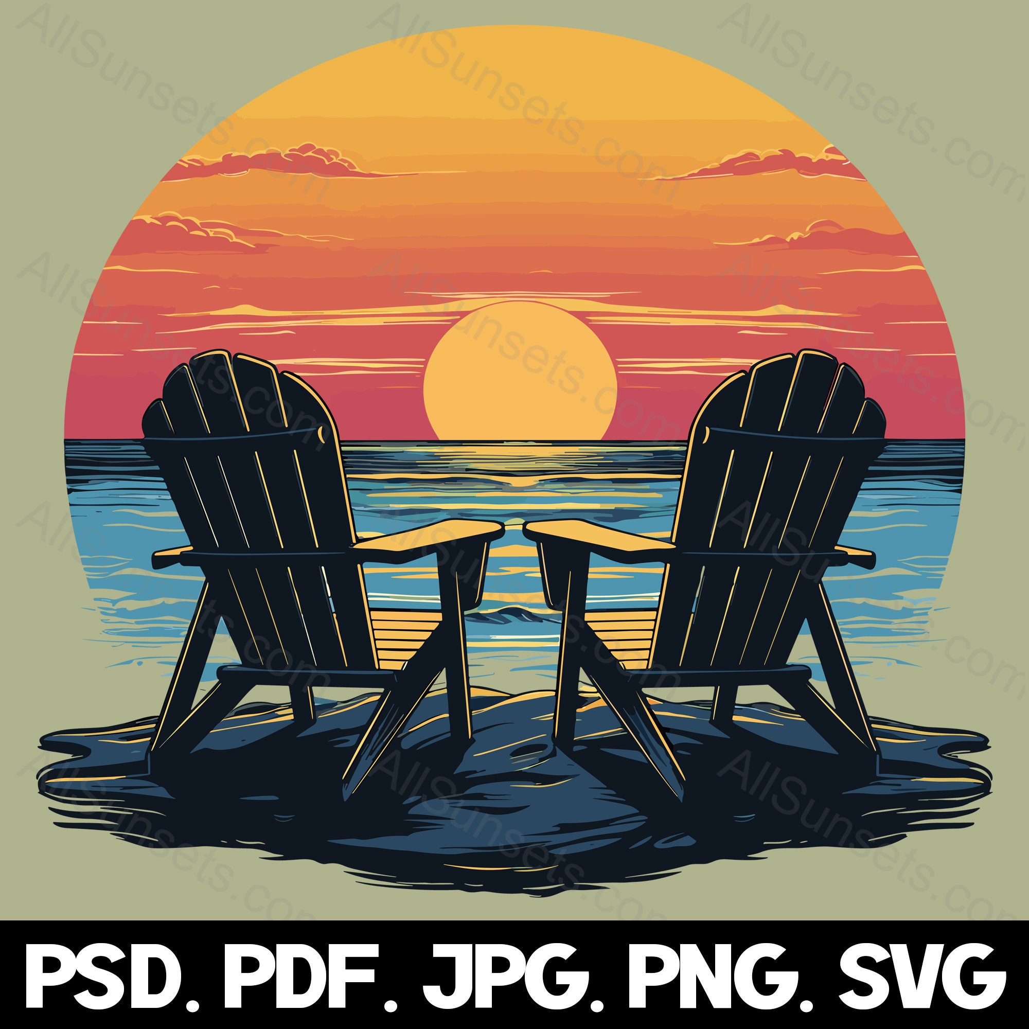 Adirondack Beach Chairs Facing Ocean Sunset Svg Png Jpg Pdf Psd File Types  Retro Vacation Commercial Use for Print on Demand - Etsy, image size:2000x2000
