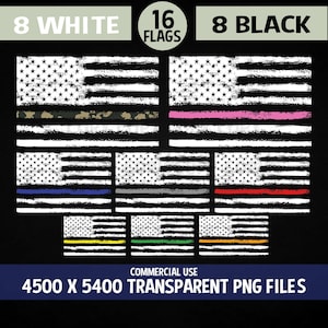 American Flags Memorial PNG Pack 16 Línea Delgada 8 Blanco/8 Negro Grunge Patriótico Gráfico Clipart Azul Rojo Verde Amarillo Naranja Gris Rosa Camo