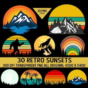 Retro Vintage Sunsets Pack # 3 30 Sunset Clipart Sunrise Moons Bigfoot Fire Lake Mountain Fishing Escursionismo Tree Forest Fire Grafica commerciale