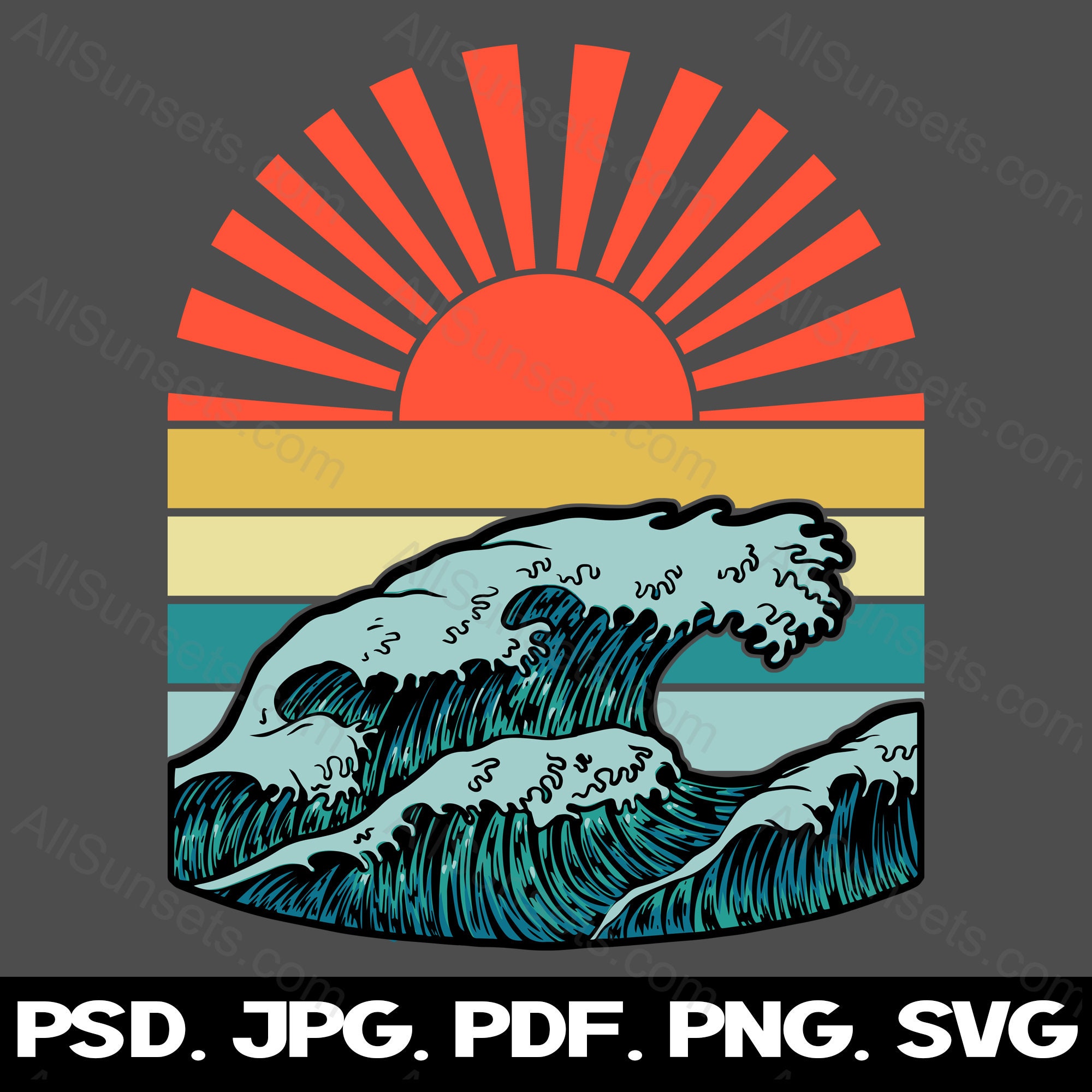 Ocean Waves Surf Sunrays Retro Sunset Svg Png Psd Jpg Pdf Clipart ...