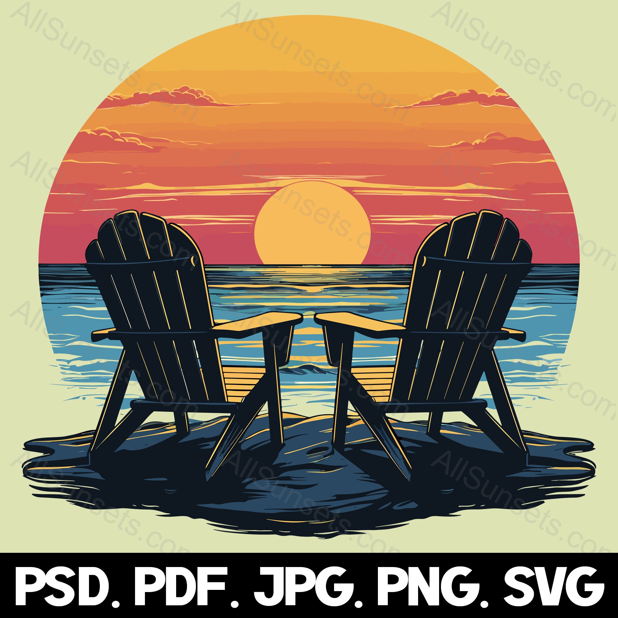 Adirondack Beach Chairs Facing Ocean Sunset Svg Png Jpg Pdf Psd File Types  Retro Vacation Commercial Use for Print on Demand - Etsy, image size:2000x2000