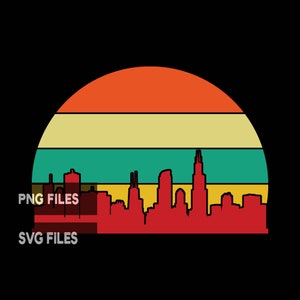 Chicago Illinois Retro Sunset PNG SVG Cut File Clipart Cityscape Skyline Commerciële licentie Print on Demand Graphic