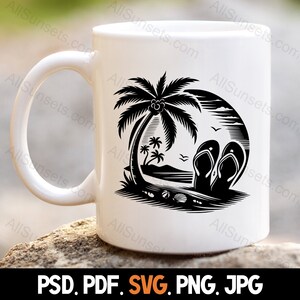 Flip Flops Palm Trees Silhouette svg png jpg pd pdf File Types Vector Beach Seashells Summer Commercial Use Print On Demand Image