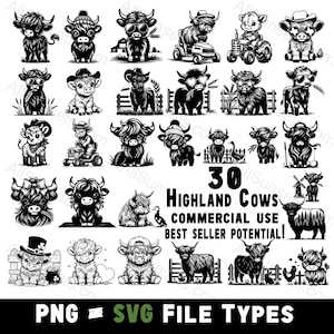 ハイランド牛のシルエット 30 パック SVG および PNG ファイル形式 ハイランド牛の赤ちゃんの最も人気のあるポーズ オンデマンド印刷用商用利用クリップアート