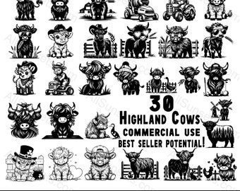 Sagome di mucche delle Highland 30 confezioni Tipi di file SVG e PNG Le pose più popolari dei vitelli delle Highland Uso commerciale per la stampa su richiesta Clipart