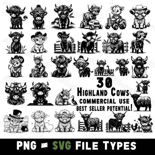 Highland Cow Silhouettes 30 Pack SVG & PNG File Types Most Popular Poses of Baby Highland Calves Commercial Use for Print on Demand Clipart