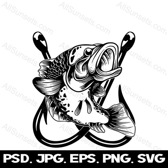 Bass Fish Fishing Hooks Svg Png Jpg Pdf Psd Eps File Types Fishing  Silhouette Design Fisherman Vector Commercial Use for Print on Demand 