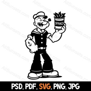 Popeye Holding Spinach Silhouette Svg Png Jpg Pdf Psd | Fun Cartoon Clipart for Home or Commercial Use in Print on Demand
