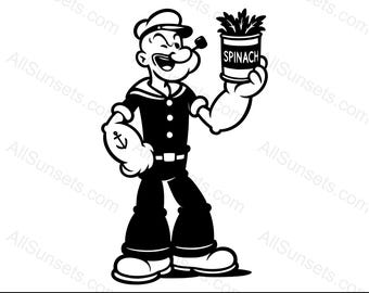 Silhouette di Braccio di Ferro che tiene in mano degli spinaci in formato SVG, PNG, JPG, PDF e PSD / Clipart di cartoni animati divertenti per uso domestico o commerciale in stampa su richiesta