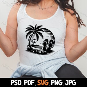 Flip Flops Palm Trees Silhouette svg png jpg pd pdf File Types Vector Beach Seashells Summer Commercial Use Print On Demand Image