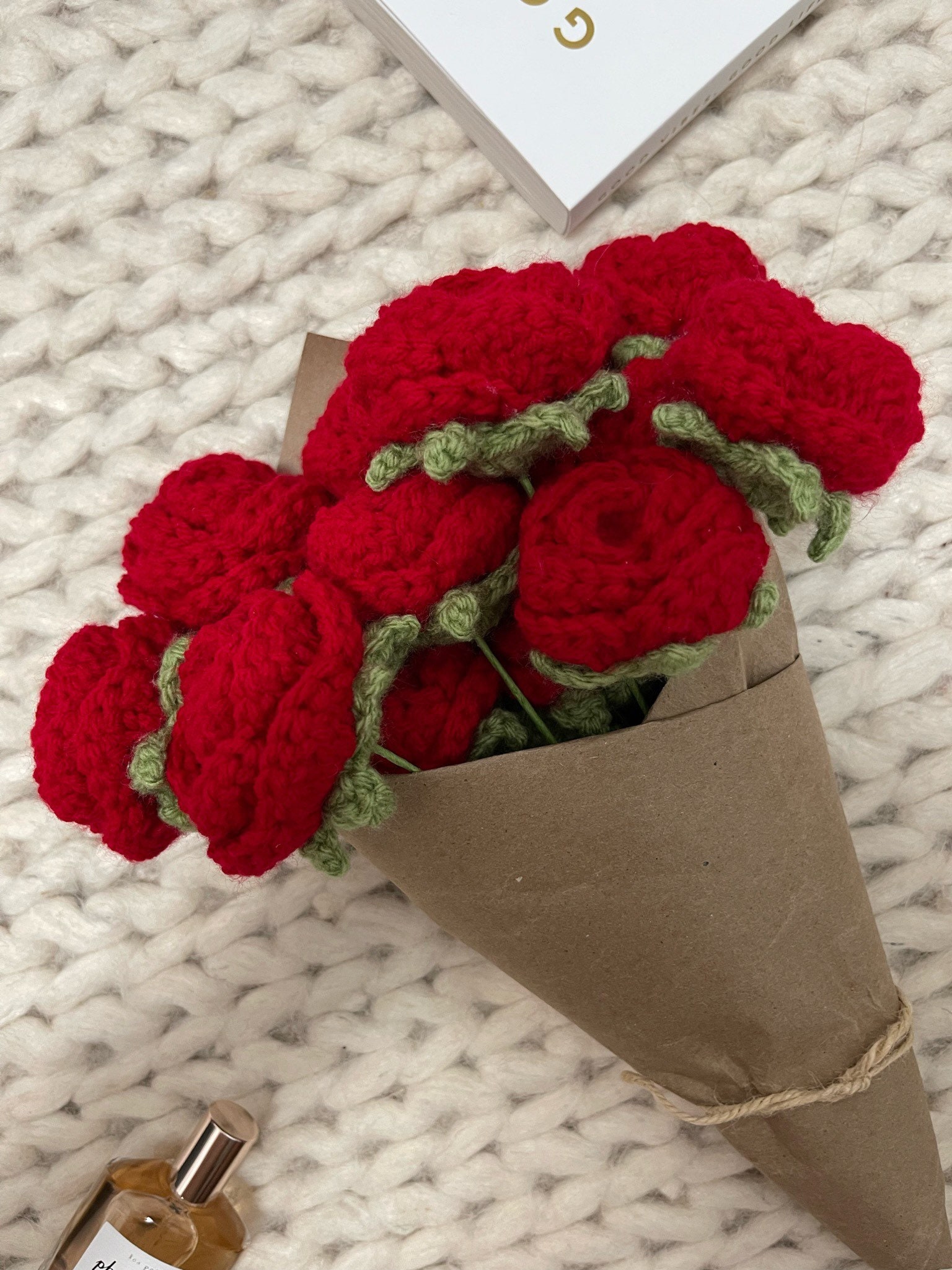Handmade Crochet Red Rose Single Flower Bouquet Valentine Wedding  Anniversary