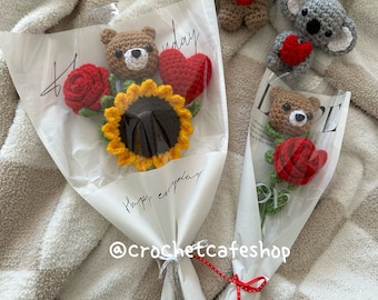 Crochet Forever Flowers Bouquet Bear Heart Animal • handmade crochet amigurumi plush toy