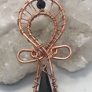 Black Tourmaline Vogel Shaped  Kemetic Coptic Cross Copper Ankh Wirewrapped Pendant
