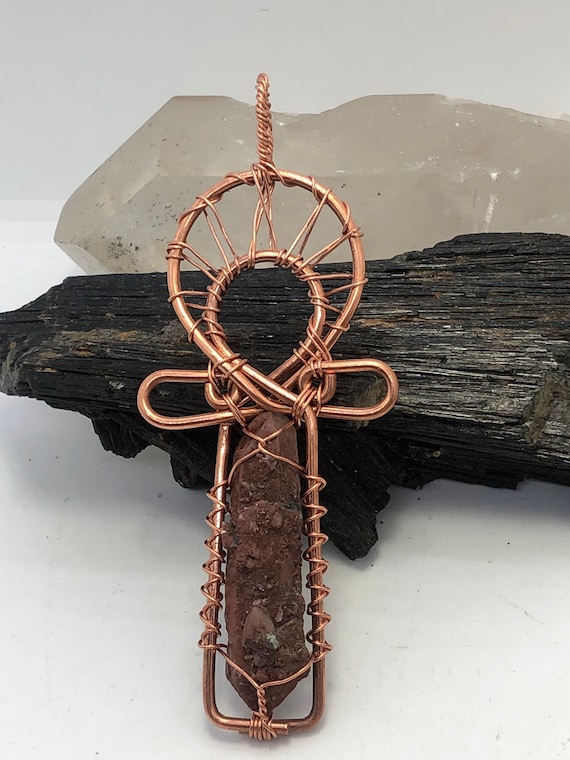 Hematoid Red Quartz Copper Ankh Wirewrapped Wearable Pendant Necklace