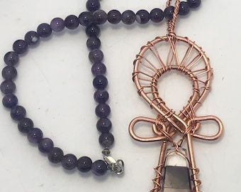 Rose Quartz Ankh Pendant with 18 inch Amethyst beaded Necklace