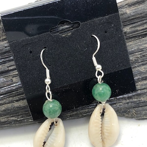 Gemstone and Cowrie Shell Sterling Silver Hooks Drop Dangle Earrings