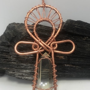 Citrine Kemetic Coptic Cross Copper Ankh Wirewrapped Pendant Necklace