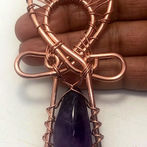 Amethyst Crystal Quartz Copper Ankh Pendant