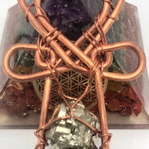 Pyrite Dodecahedron and Copper Egyptian Kemetic Coptic Cross  Ankh Wirewrapped Wearable Necklace Pendant- FREE SHIPPING!!!