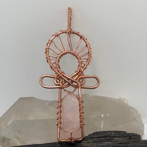 Rose Quartz Copper Ankh Wirewrapped Wearable Pendant Necklace