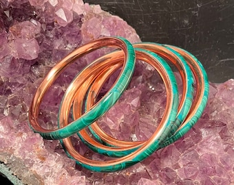 Malachite inlaid in Copper Bracelet Bangle Handmade