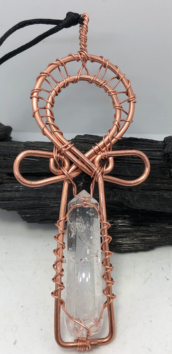 BrazilianQuartz Crystal Polished Wand Crystal Copper Wearable Egyptian  Kemetic Ankh Pendant Jewel Necklace by Infinite Treasures,LLC