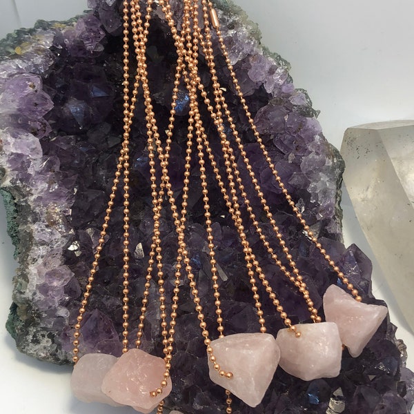 Rose Quartz, Clear Quartz or Amethyst Quartz Rough Natural Copper Bead Chain Necklace