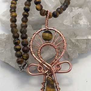 Tigers Eye Vogel Shaped Copper Ankh Pendant with 18 inch Tigers Eye beaded Necklace