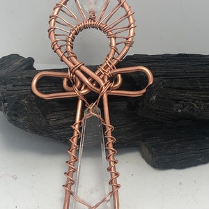 Crystal Quartz “blade”shaped Egyptian Kemetic Coptic Cross Copper Ankh Wirewrapped Pendant Necklace by Infinite Treasures,LLC