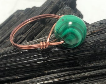 Genuine Malachite Bead Ring Copper or brass by Infinite Treasures,LLC