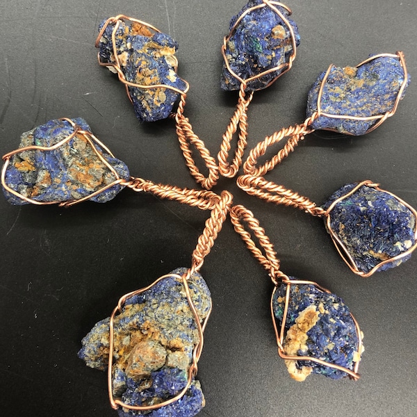 Natural Azurite Crystal Copper Pendant Necklace Wirewrapped by Infinite Treasures