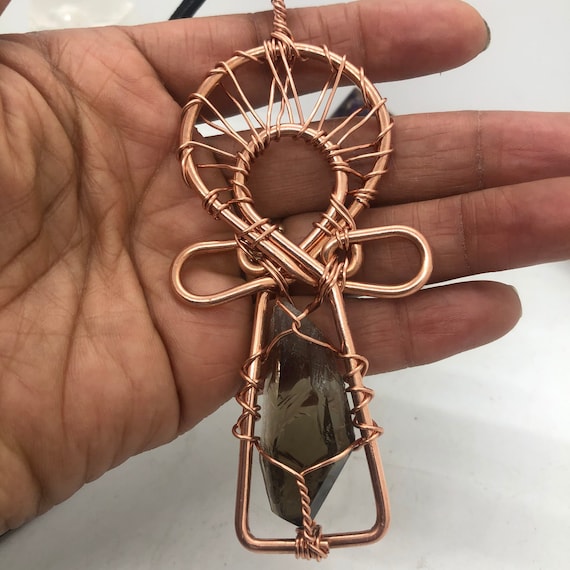 Smoky Crystal Quartz Copper Ankh Pendant Necklace Wirewrapped