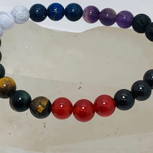 Chakra Amethyst, Lapis, Blue Lace Agate, Canadian Jade, Tigers Eye, Carnelian, Garnet, Lava Rock Stretchy Bracelet