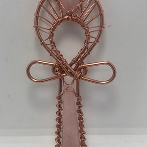 Rose Quartz Wand and Heart Copper Pocket Ankh 5 1/2 x 2 1/2 inch Egyptian Kemetic Ankh Pendant Jewel Necklace by Infinite Treasures,LLC