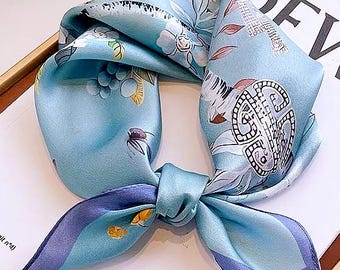 小物 Hand Printed Silk Scarf - blue Amazon.com: MUSUMI Dark Blue Silk Scarf Female Satin 100