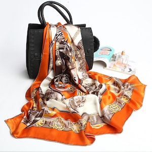 Twin Horses Orange Chinese Mulberry Silk Hand Rolled Scarf