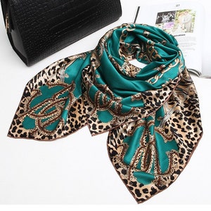 Leopard Print Green Chinese Mulberry Silk Hand Rolled Scarf