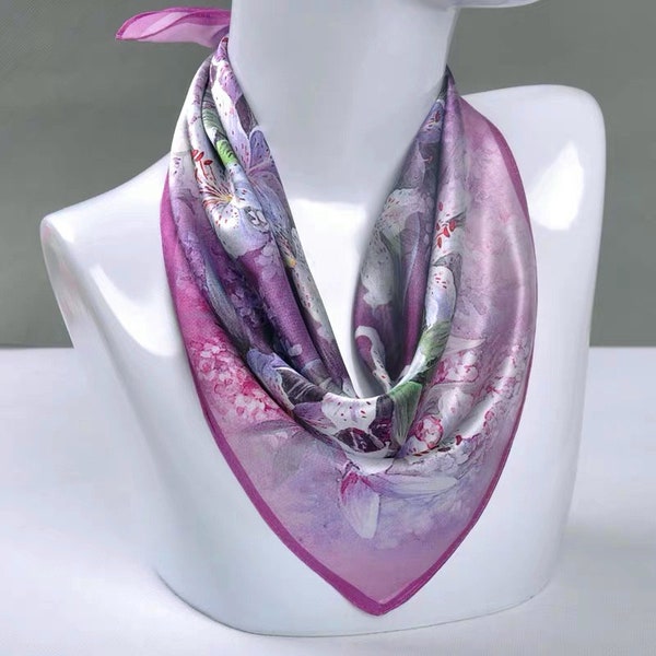 Lily Purple Small Square  Mulberry Silk Scarf