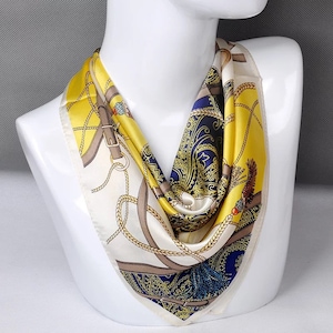 Small tassels Yellow Small Square  Mulberry Silk Scarf