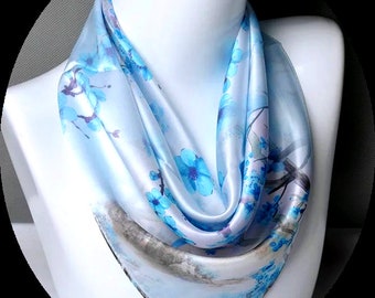A plum Blue Small Square  Mulberry Silk Scarf