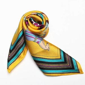 Small horse(yellow)- Small Square  Mulberry Silk Scarf