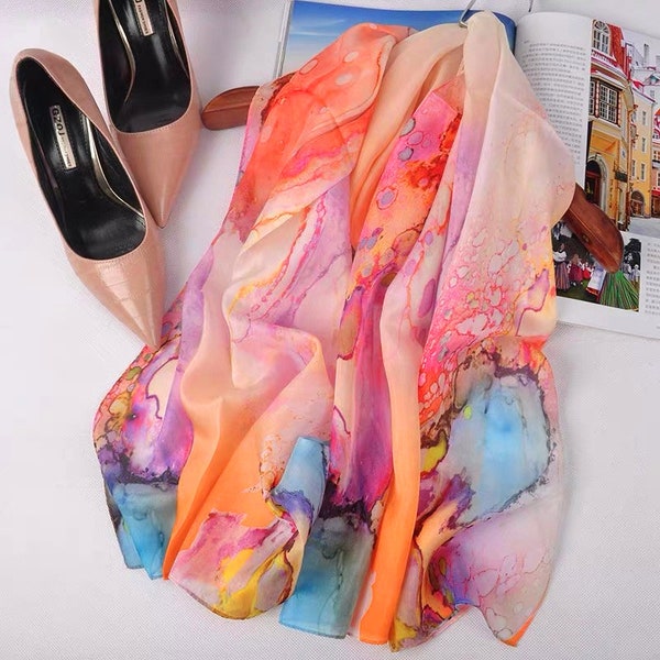 Fantasy Sky Orange Nuovo chiffon di seta lungo stile Cinese Mulberry Silk Scarf (scialle da spiaggia)