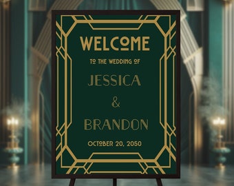 Emerald Green Art Deco Wedding Welcome Sign Template, Personalized Art Deco Wedding Sign Download, Customizable Green Art Deco Wedding Sign