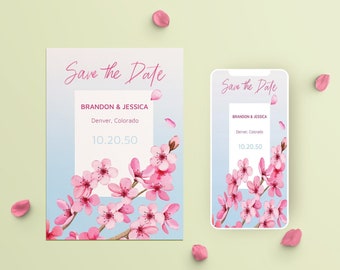 Cherry Blossom Save the Date Downloadable Template. Fully Editable Text, 5x7 Invite, Digital Save the date, Corjl, Sakura Save the date