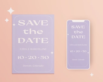 Dreamy Lilac Save the Date Downloadable Template. Fully Editable Text, 5x7 Invite and digital invitation, Corjl, Lavender Save the date